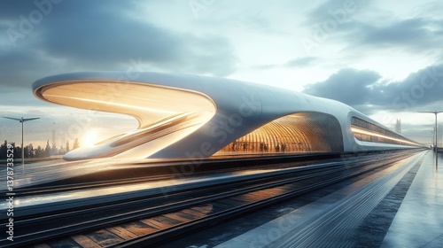 A modern architectural rendering of a train station building