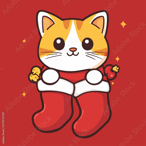 Kitten hiding in socks, vector illustration.