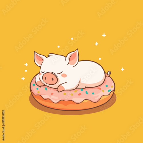 Little pig sleeping on a donut, vector illustration.