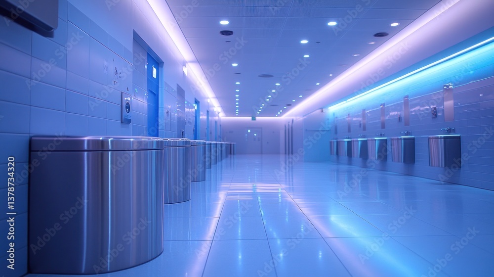 Modern, brightly lit public restroom hallway with stainless steel trash cans and blue LED lighting. Modern, brightly lit public restroom hallway with stainless steel trash cans and blue LED lighting.