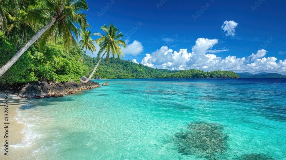 Fototapeta premium Idyllic Tropical Beach Scene with Turquoise Waters and Lush Greenery Landscape