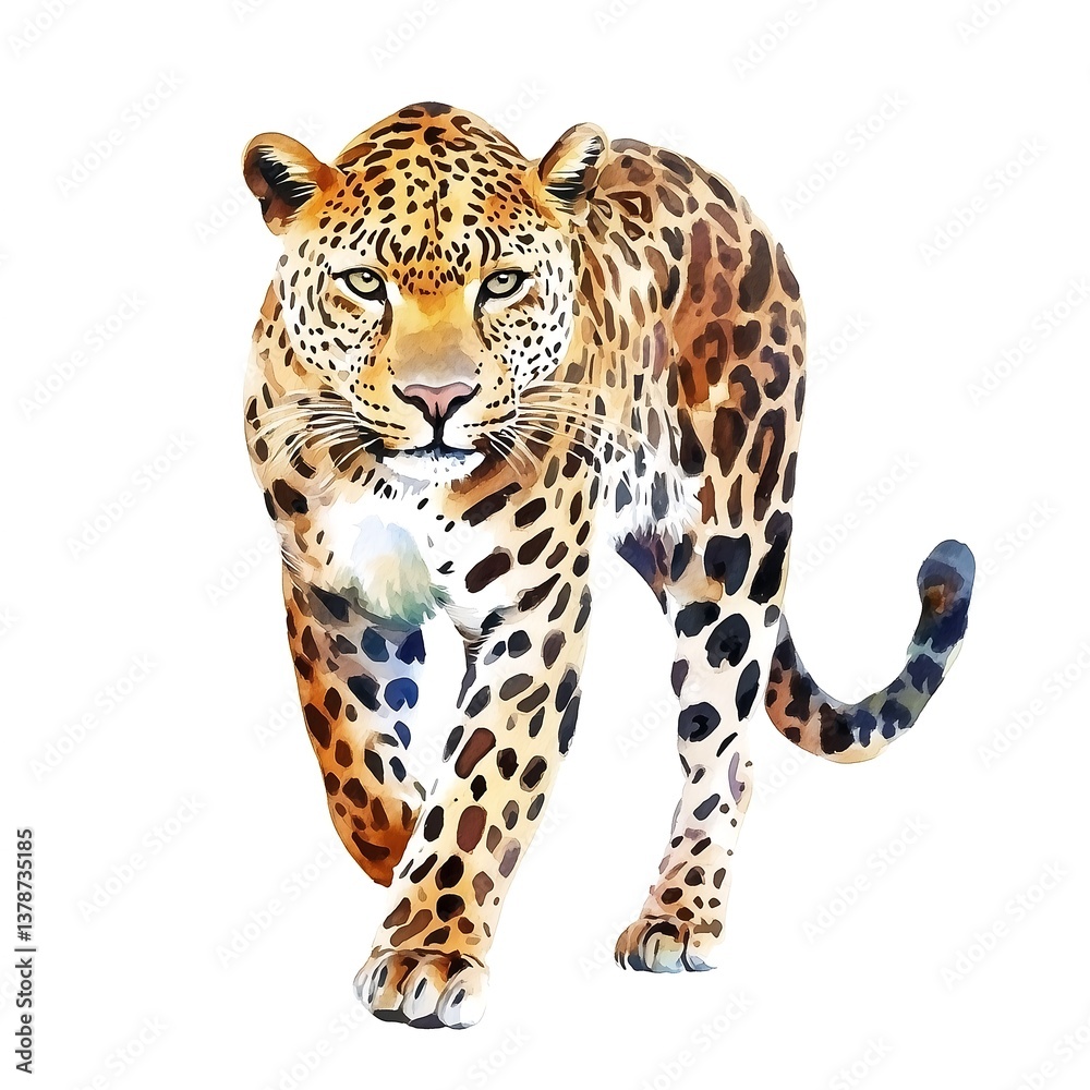 Obraz premium Wildlife Art: Realistic Watercolor Illustration of Spotted Leopard in Jungle Habitat - Exotic and Ferocious Big Cat