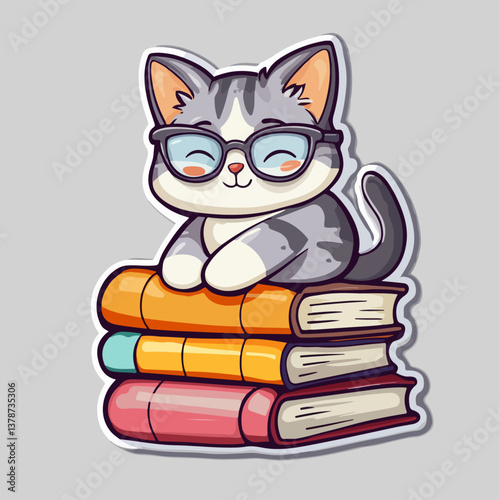 The kitten is lying on the book with vector illustrations.