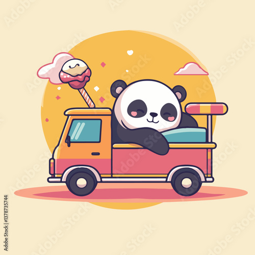 Panda on ice cream truck, vector illustration.
