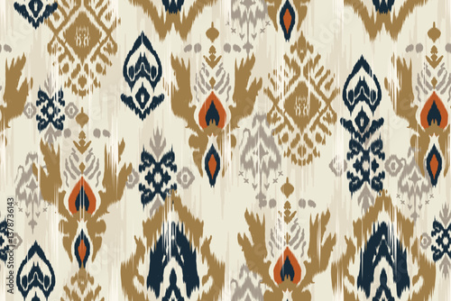 A seamless ikat pattern inspired by tribal and folk embroidery. Featuring Mexican Aztec geometric shapes. Perfect for graphic art, rug design, wallpaper, gift wrapping and clothing.