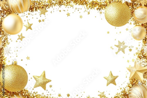 Holiday decoration, Christmas gold glitter frame. Festive vector background isolated on white. Golden ornaments, garland with stars and snowflakes. For Christmas and New Year banners, headers