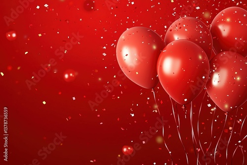 Holidays red background with red balloons, confetti, sparkles, lights. Anniversary. Banner for birthday, party, Christmas, New Year, promotion social media cover