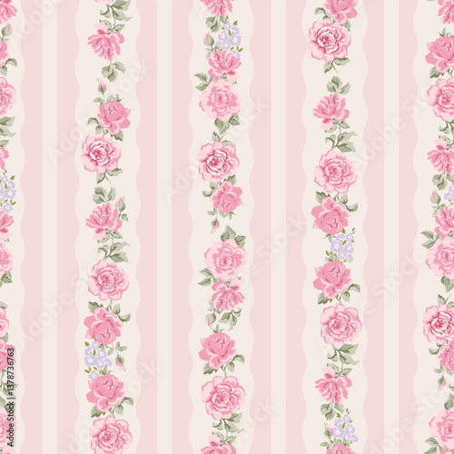 Fashion stylish vertical striped floral pattern with rose flower. Design for fashion, fabric, textile, wallpaper, packaging and all prints.