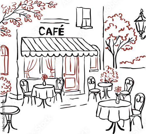 charming cafe scene with outdoor seating, trees, and warm lighting creates cozy atmosphere