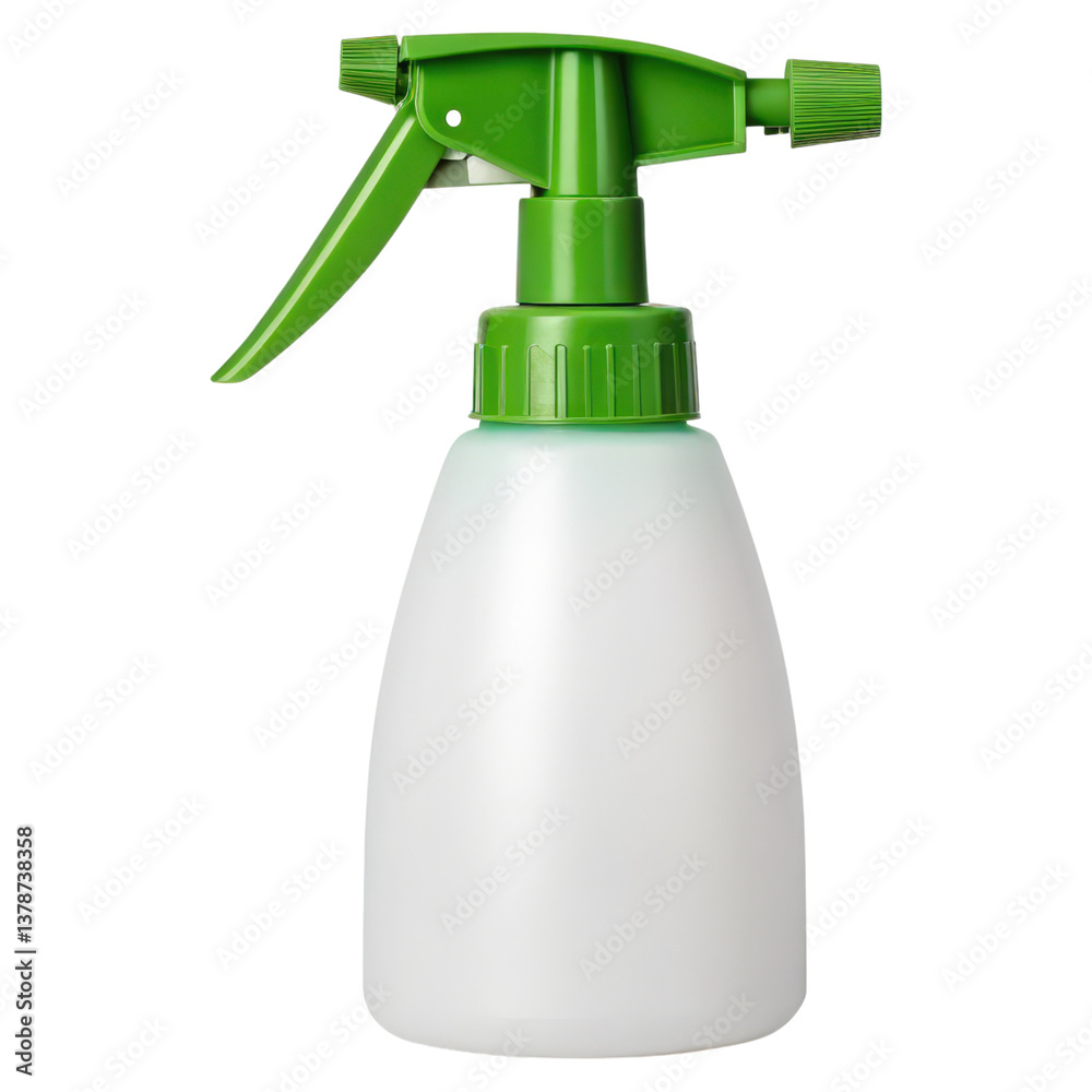 A spray bottle with a green nozzle, designed for dispensing liquids in a fine mist. A spray bottle with a green nozzle, designed for dispensing liquids in a fine mist.