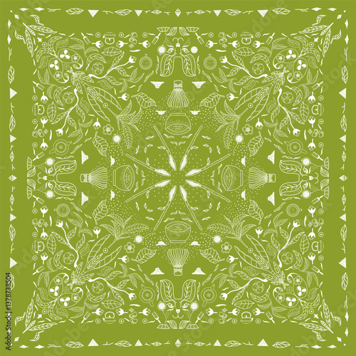 Tea Bandana Print, green bandana pattern. Pattern, Tea, flowers, tea leaves, Teapot, Matcha Green Tea, and decorative line ornament. Green and white pattern.