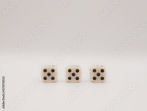 Three dice, standing in a line, value five, white background, close-up