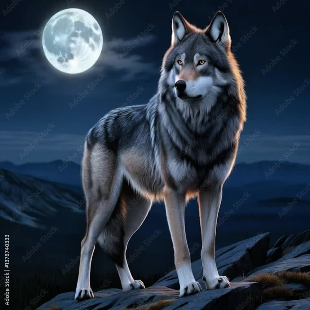 wolf howling at the moon at wild. Majestic gray wolf howling on rocky outcrop under full moon night scene amber eyes mountainous wilderness wildlife nature photography wallpaper. Full moon night woods