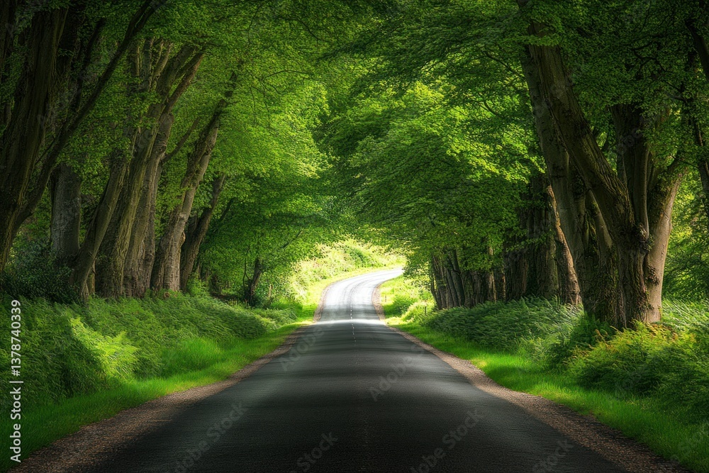 Fototapeta premium A winding asphalt road passing through a canopy of green trees