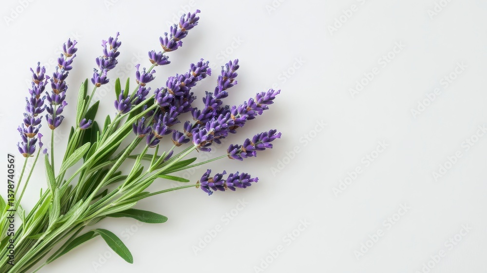 Fototapeta premium Lavender Bouquet: A captivating bouquet of lavender, vibrant purple blooms, and lush green stems, evoking a sense of natural beauty and tranquility, positioned against a bright backdrop.