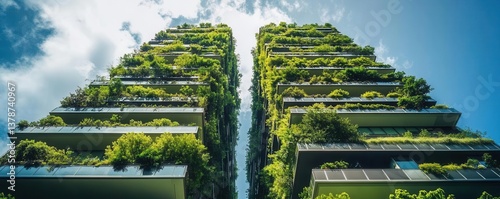 A stunning view of a green building with vertical gardens, showcasing sustainability and modern architecture against a bright blue sky.