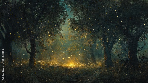 Enchanting twilight forest illuminated by the ethereal glow of fireflies