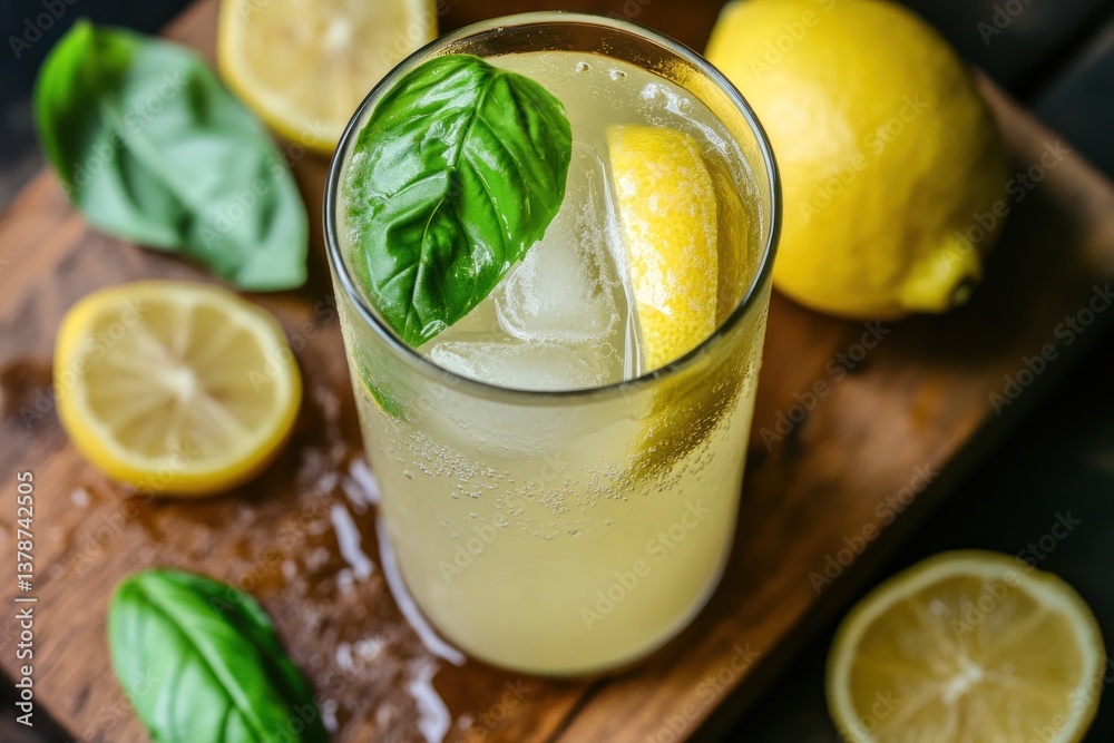 Glass of homemade lemonade with basil leaves and lemon wedges, condensation forming, refreshing. Glass of homemade lemonade with basil leaves and lemon wedges, condensation forming, refreshing.