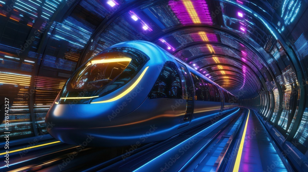 Fototapeta premium Futuristic train speeding through a brightly lit tunnel system