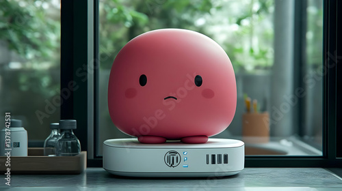 Minimalist Pink Pixelated Cartoon Character on a White Platform with Blurred Background and Window Lighting Style for Adobe Stock Photos