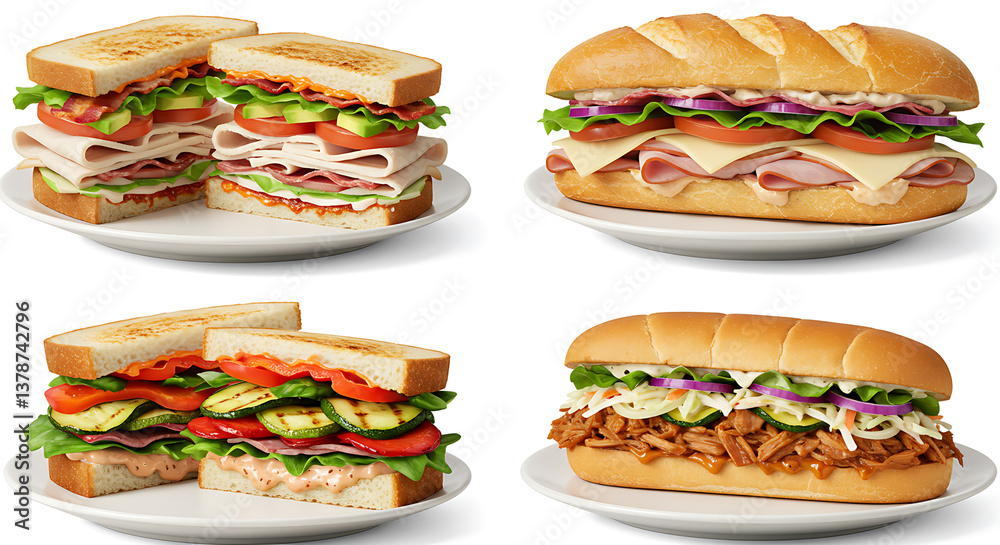 Sandwich Varieties: A diverse array of meticulously crafted sandwiches displayed with fresh ingredients on a pristine surface, each a unique symphony of flavors and textures. Sandwich Varieties: A diverse array of meticulously crafted sandwiches displayed with fresh ingredients on a pristine surface, each a unique symphony of flavors and textures.