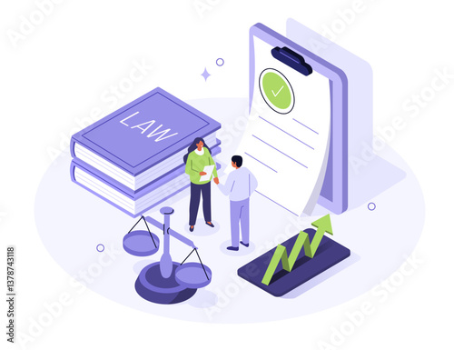 Lawyer character giving legal advice, helping with contract, audit, consulting. Law, justice business concept. Flat isometric vector illustration.