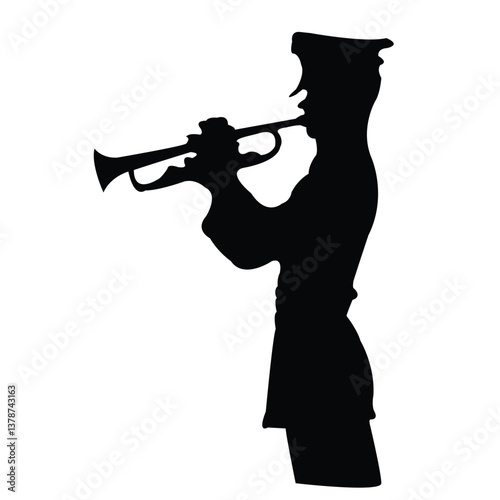 The silhouette of a soldier playing a trumpet in vector format symbolizes bravery, patriotism, and music, making it ideal for commemorative and artistic projects.

