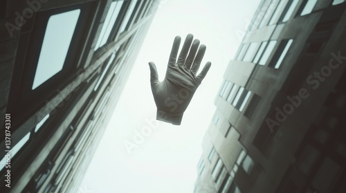 A futuristic hand reaching towards skyscrapers, illustrating innovation and the intersection of technology and urban landscape. photo