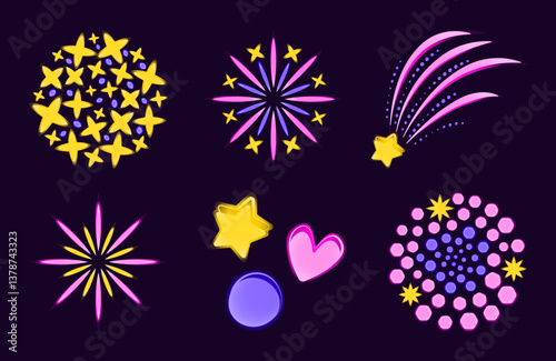 Fireworks and confetti neon luminous set. Vector color illuminated illustrations for festive events and holidays celebrations