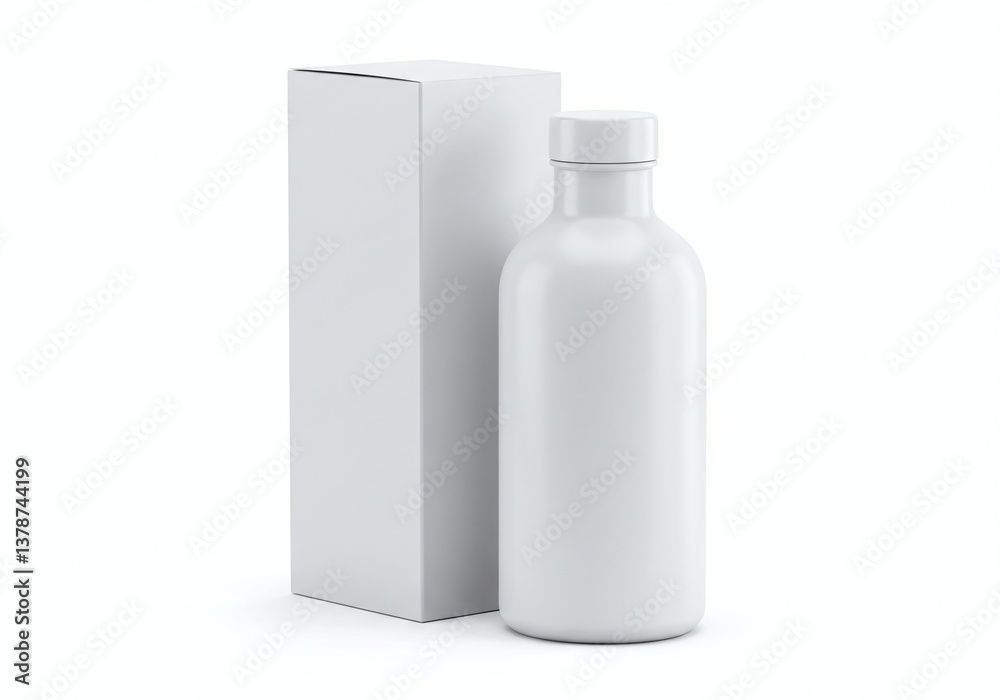 Elegant bottle with packaging, ideal for product mockup and branding purposes. Displayed next to a box Elegant bottle with packaging, ideal for product mockup and branding purposes. Displayed next to a box