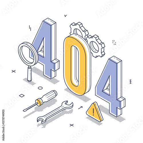 404 error notification. It includes gears, tools, and warning symbols, showcasing a modern design in an isometric perspective, emphasizing technology and troubleshooting. Vector illustration