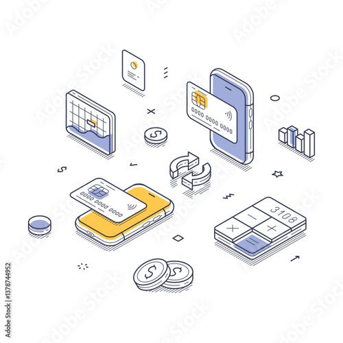 Modern isometric line illustration showcasing digital finance concepts. Elements include mobile devices, payment cards, data charts, and coins. Vector illustration