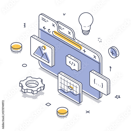 Web design elements such as images, code snippets, and graphs. Various icons represent digital tools and concepts for modern web development. Vector isometric line illustration
