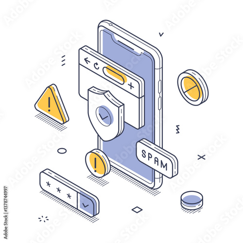 Smartphone surrounded by various security and alert icons. Elements like spam notifications and warning signs emphasize digital safety concerns. Modern isometric line vector illustration