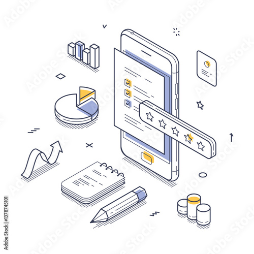 Online survey concept. Smartphone interacting with various data visualization elements. It features graphs, charts, and feedback options to highlight user engagement metrics in a contemporary style
