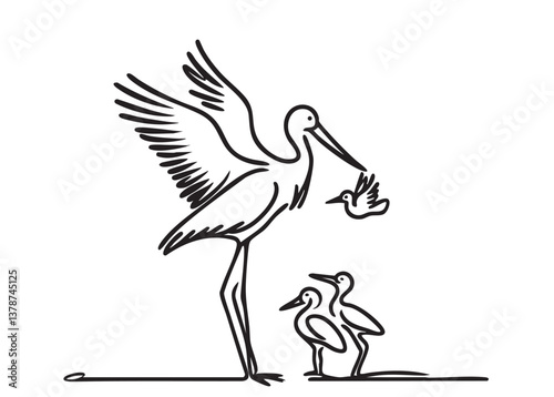 Stork with children in the nest. Line sketch. Abstract