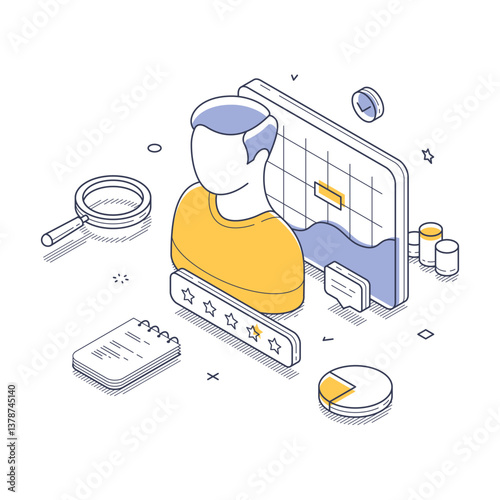 User profile surrounded by analytics tools such as charts, ratings, and notes. It portrays a modern workspace focused on data evaluation and performance insights. Vector illustration