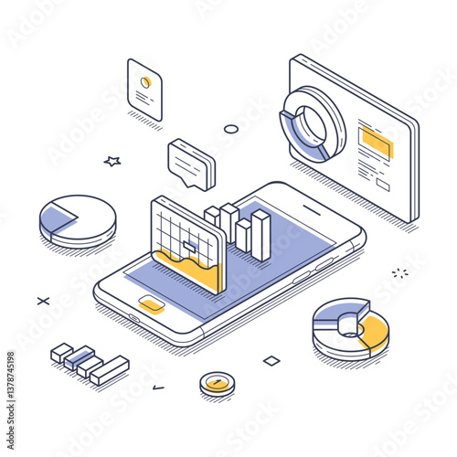 Analytics application concept. Smartphone displaying various graphs and charts, emphasizing data visualization in a modern digital landscape. The isometric design adds depth and clarity