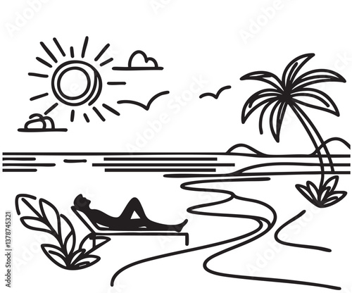 Man relaxing on a beach lounge chair in continuous line art drawing style. Wellness and relax time. Happy summer vacation. Black linear sketch isolated on white background. Vector illustration
