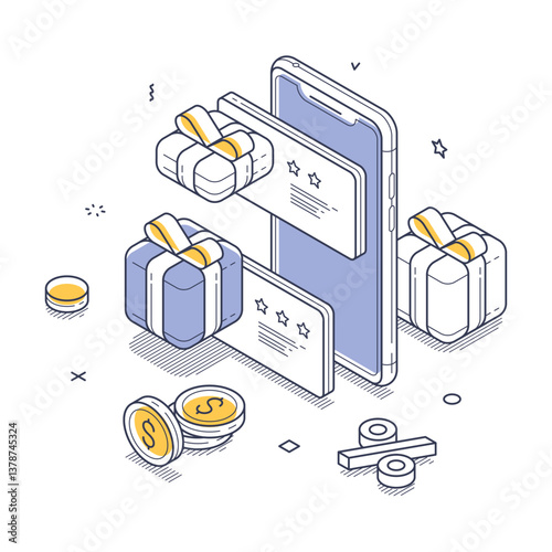 Digital shopping experience, highlighting gift cards, rewards, and coins that symbolize transactions. Modern isometric line vector illustration