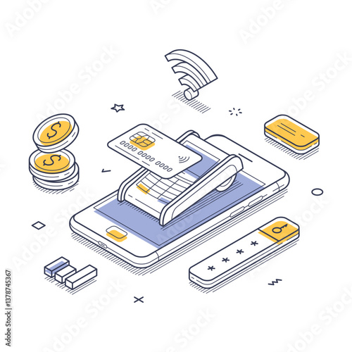 Wireless payment concept. Smartphone displays contactless payment technology as a credit card gets scanned. Isometric line vector illustration