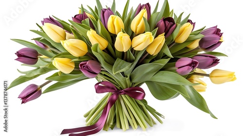A Stunning Arrangement of Yellow and Purple Blooms Tied with a Rich Purple Ribbon, Celebrating Spring's Beauty and Floral Elegance