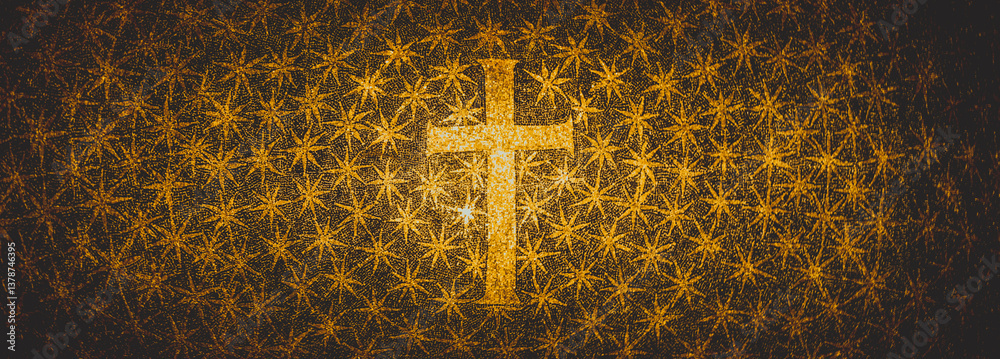 Old cross made of mosaic in Italian Byzantine church. Religion spiritual icon.