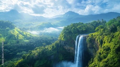 Majestic waterfall cascading in lush mountain landscape under blue sky