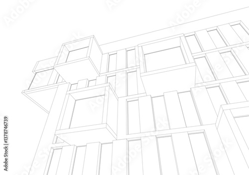 Modern architectural facade with geometric cube balconies, white building with cube elements