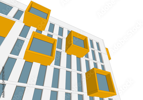 Modern architectural facade with geometric cube balconies, white building with yellow elements