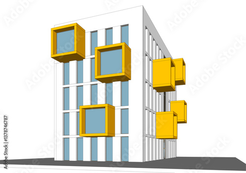 Modern architectural facade with geometric cube balconies, white building with yellow elements