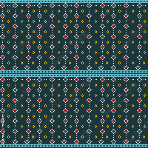 Pixel-inspired tribal pattern blending bold red diamonds and yellow dots on a deep teal base, framed by turquoise geometric borders. This digital twist on traditional textile motifs.