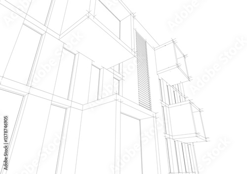 Modern architectural facade with geometric cube balconies, white building with cube elements