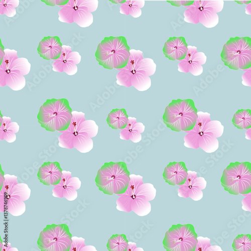 Dreamy hibiscus blooms in soft pink with lime-green edged variations, scattered elegantly across a misty silver-gray background. 